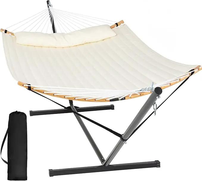 SUNCREAT Hammocks for Outside with Stand Included, Double Hammock with Curved Spreader Bar, Carrying Bag, Beige by GreenHaven Gardens