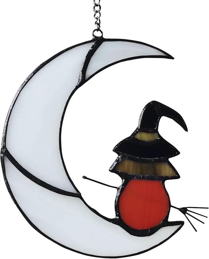 Witch On Moon Stained Glass Window Hanging Panel, Suncatcher for Windows, Witch Decor Riding Moon Face Sun Catcher Halloween Ornament. by GreenHaven Gardens