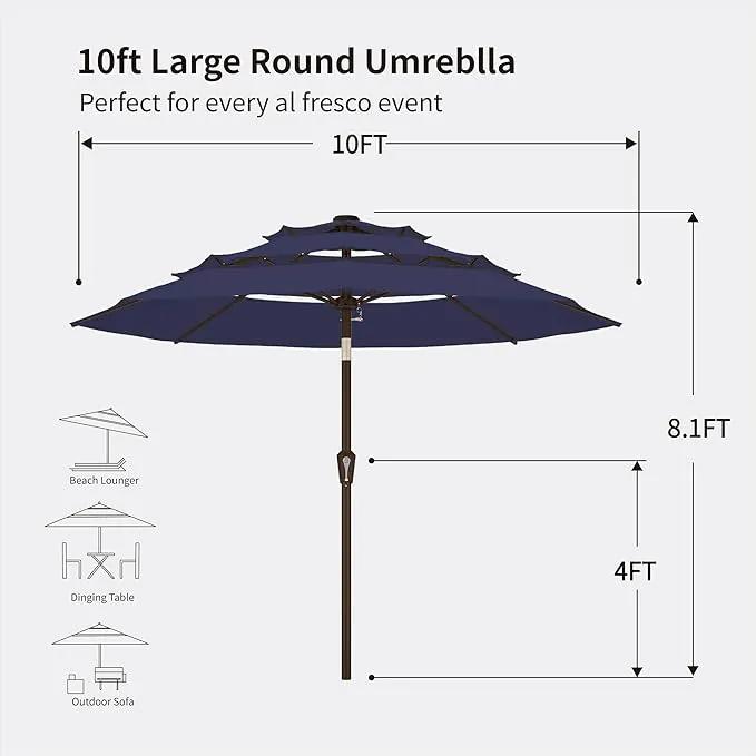 Kingdura 10ft 3-Tier Patio Umbrella, Outdoor Table Umbrella with Easy Crank & Tilt, 8 Reinforced Ribs, UV Protection for Deck, Pool, Market, Backyard (Navy blue) by GreenHaven Gardens