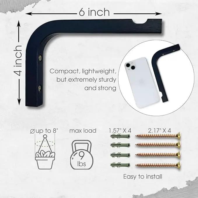 2-Piece Set of Plant Hooks for Wall 6 inch - Mounted Wooden Plant Hook - Indoor and Outdoor Bracket Plant Hanger for Planters, Lanterns, Bird Feeders, Patio Decorations (Black) by GreenHaven Gardens