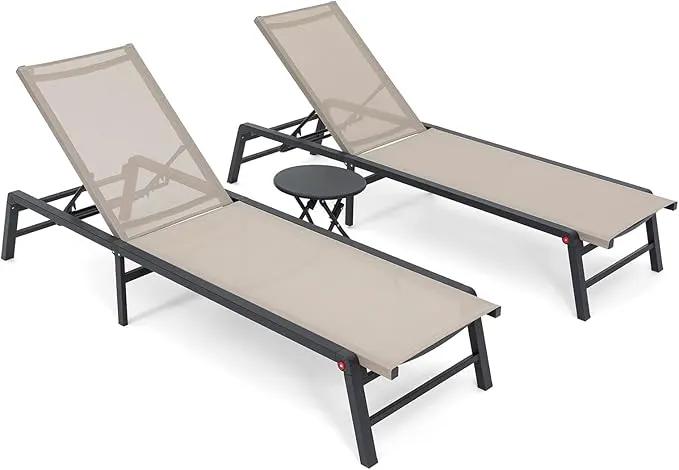 Aluminum Chaise Lounge Chair Outdoor, Foldable Patio Lounge Chair 2 Sets with Table Assemble-Free, Pool Lounge Chairs with 5 Adjustable Backrest, Outdoor Lounge Chairs for Outside Poolside Beige by GreenHaven Gardens