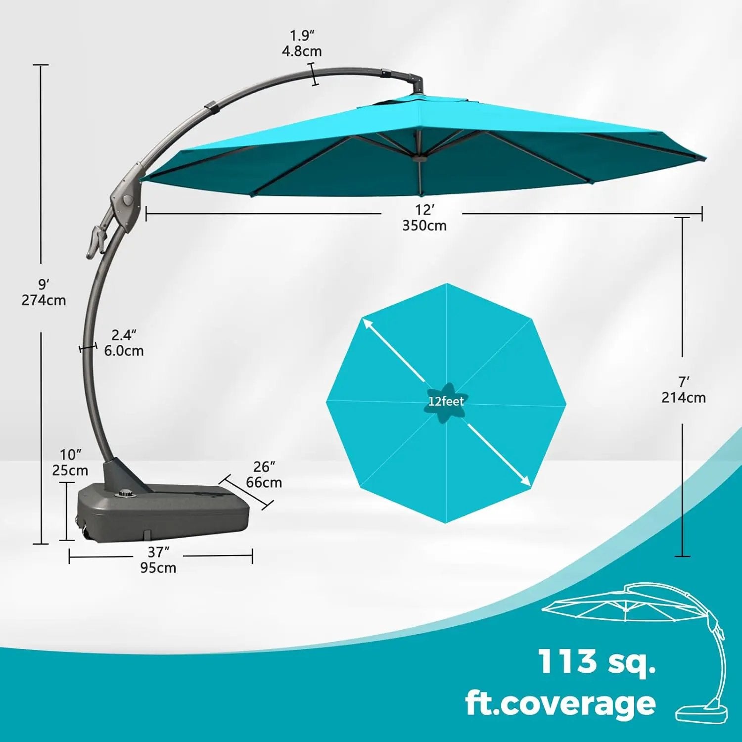 Grand patio 12 FT Sunbrella Cantilever Umbrella with Base Outdoor Aluminum Offset Umbrella with Tilt Adjustment (Aruba, 12 FT-SUNBRELLA) by GreenHaven Gardens
