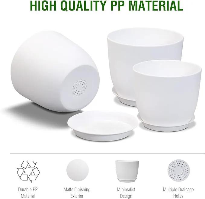 12/10/9 inch Large Plant Pots, 3 Pack Modern Decorative Plastic Planters with Drainage Holes and Saucers, Flower Pots for Indoor Outdoor Plants, White by GreenHaven Gardens
