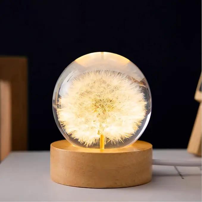 Flower Crystal Ball Night Light,2.4 inch Glass Ball Night Lamp with Woodern Base (Dandelion) by GreenHaven Gardens