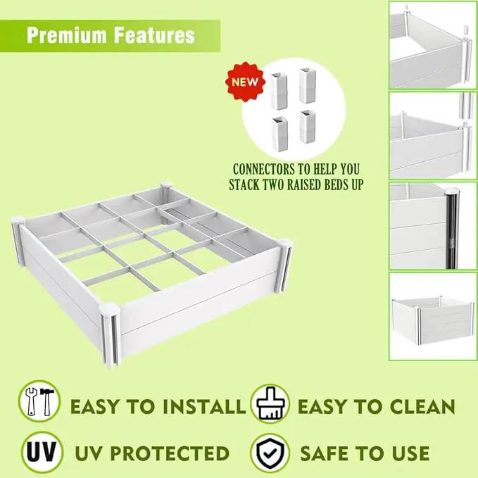 Raised Garden Bed Kit 4'x4' Outdoor Above Ground Planter Box for Growing Vegetables Flowers Herbs, DIY Gardening, Whelping Pen and More, Screwless White Vinyl Garden Bed with Grid by GreenHaven Gardens