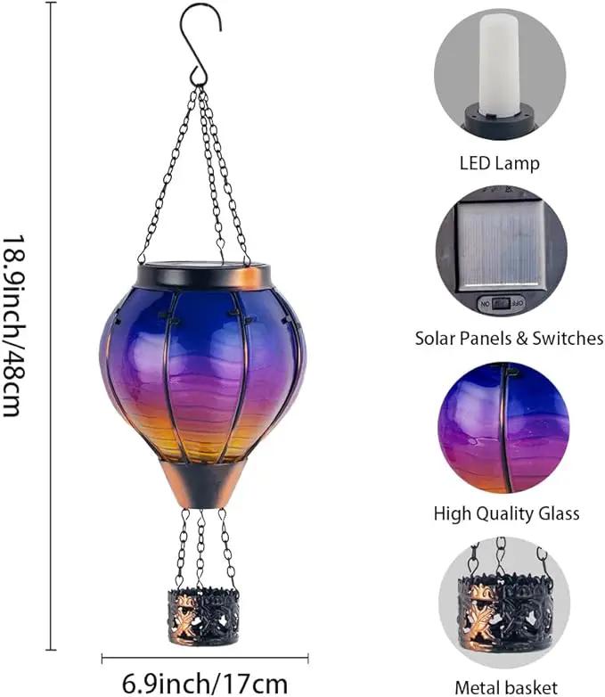 Starsoul Glass Solar Hot Air Balloon Flickering Flame Hanging Garden Light Purple Hot Air Balloon Solar Lantern with Large Basket Waterproof Hot Air Balloon Solar Lamp Decor by GreenHaven Gardens