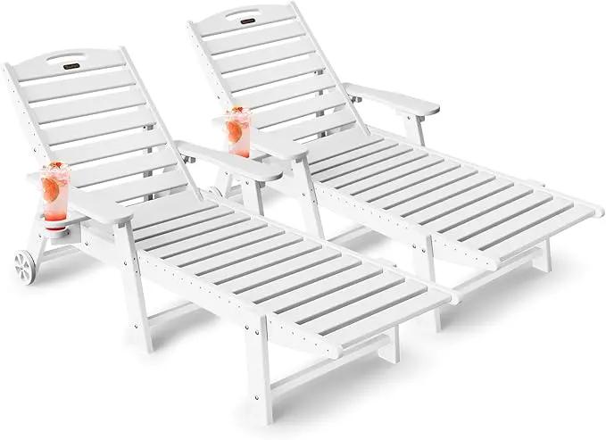 Lounge Chair Outdoor Set of 2, HDPE Chaise Lounge Outdoor with 6-Position & Wheels &Cup Holder, Pool Lounge Chair for Pool Poolside Deck Backyard Patio, White by GreenHaven Gardens