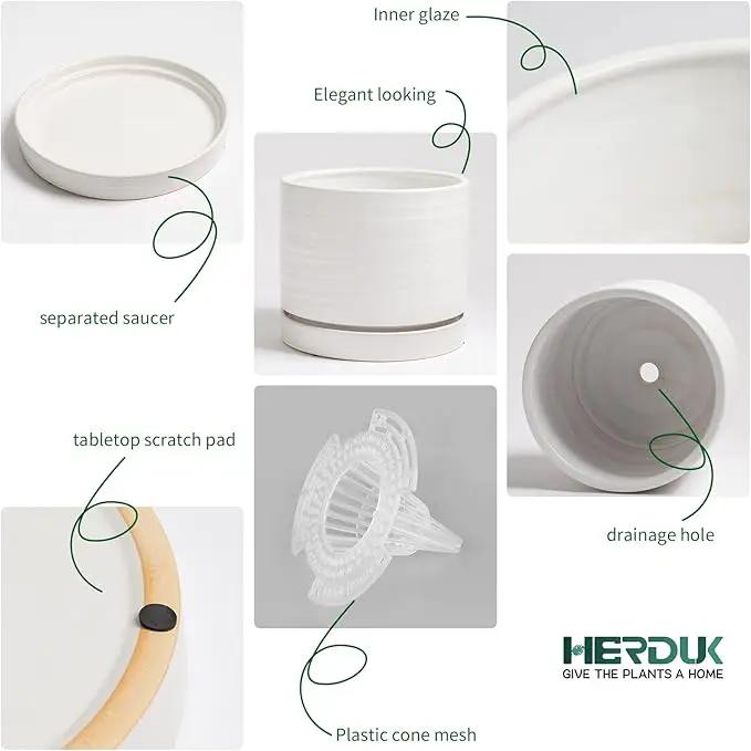 6 Inch Plant Pots, Ceramic Planter Pot with Drainage Hole & Saucer, Indoor/Outdoor Cylinder Round Planter Pot, Matte White by GreenHaven Gardens