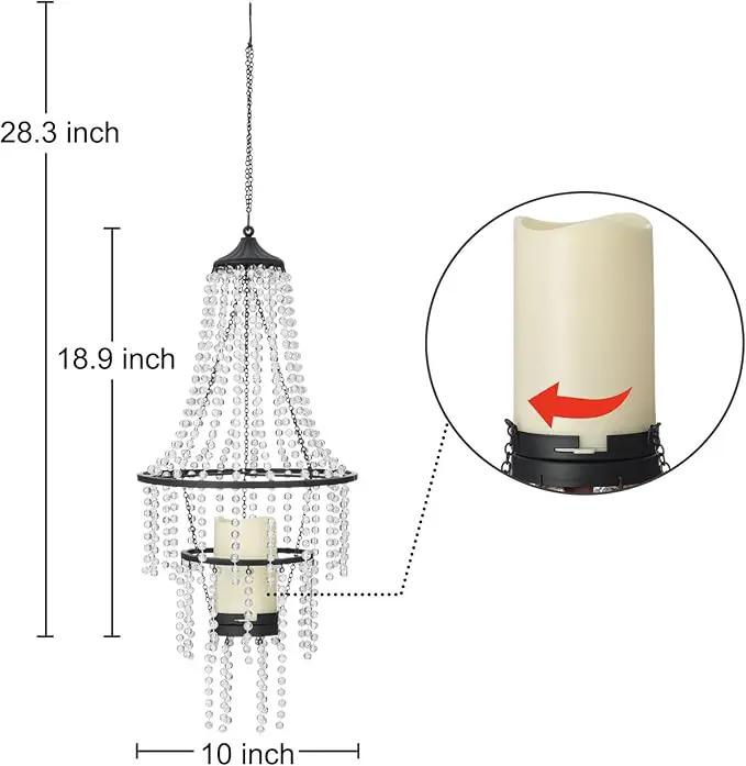 Battery Operated Hanging Chandelier Outdoor Indoor, 28” Modern Acrylic Crystal Hanging Beaded Lantern with Led Candle Light, Pendant Lights Decor for a Gazebo, Garden, Backyard, Patio, Balcony, Porch by GreenHaven Gardens