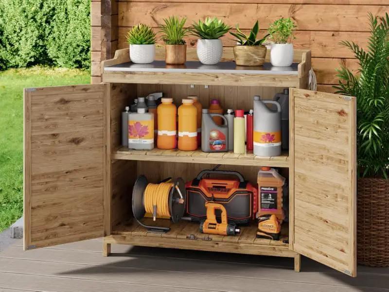 Gizoon Outdoor Potting Bench with Metal Tabletop, Outdoor Garden Patio Wooden Storage Cabinet with Adjustable Shelf, Double Doors Garden Work Bench for Backyard, Patio, Lawn - Natural by GreenHaven Gardens