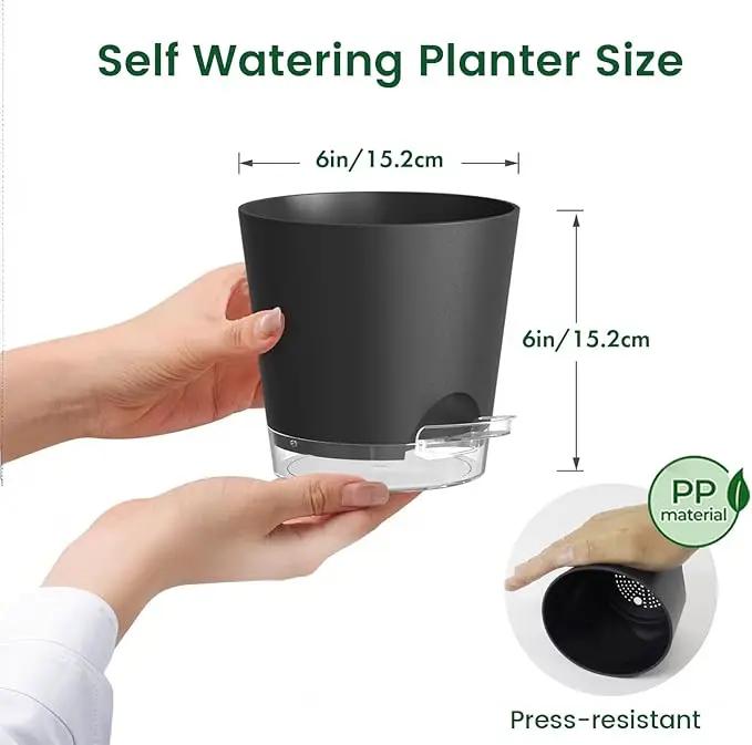 6 inch Self Watering Pots for Indoor Outdoor Plants, 3 Pack Flower Plant Pots with Drainage Holes and Clear Reservoirs, Visible Water Level, Plastic Planters with Wicking Rope, Black by GreenHaven Gardens