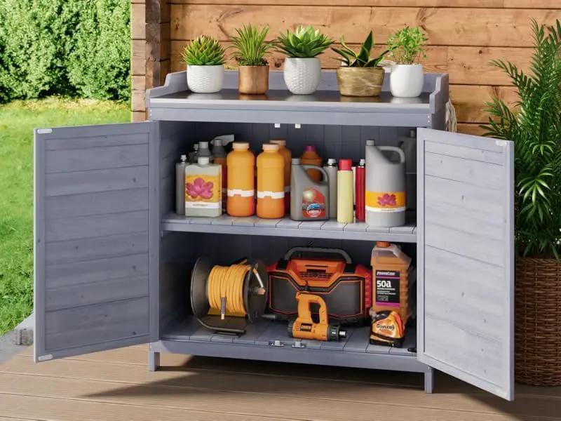 Gizoon Outdoor Potting Bench with Metal Tabletop, Outdoor Garden Patio Wooden Storage Cabinet with Adjustable Shelf, Double Doors Garden Work Bench for Backyard, Patio, Lawn - Grey by GreenHaven Gardens