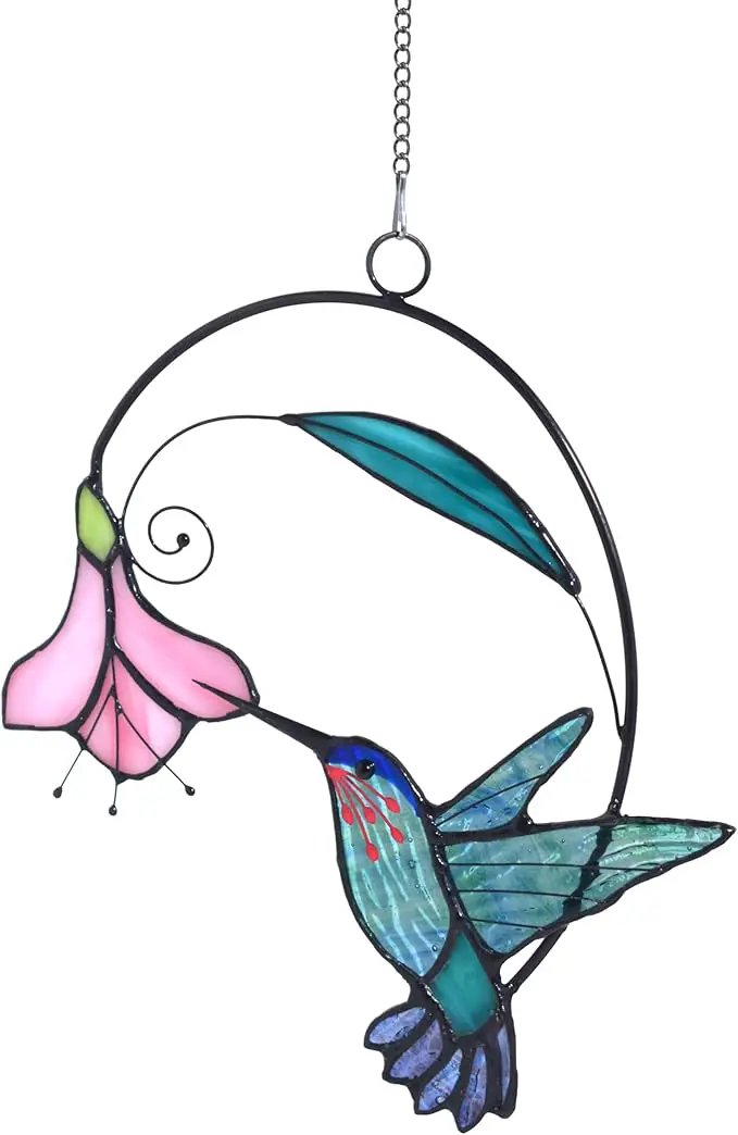 Lolitarcrafts Stained Glass Hummingbird Window Hangings with Flowers, Bird Stained Glass Suncatcher for Window Decor Hummingbird Gifts for Mom,Bird Lovers (Blue with Flower A) by GreenHaven Gardens