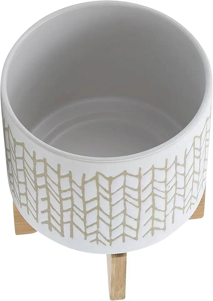 8" Ceramic Planter Stand, Ivory/Beige Chevron with Wooden Base, Indoor/Outdoor Planter with Stand for Your Succulents and Small Plants by GreenHaven Gardens