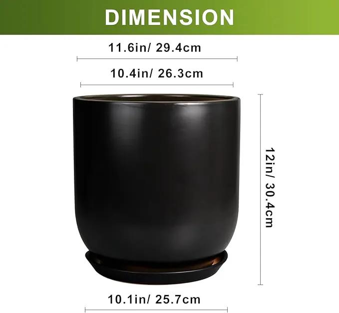 Ceramic Planter Pot - 12 Inch Large Plant Pot with Drainage Hole and Saucer Modern Flower Pot for Indoor Outdoor Plants Home Garden Decor Black by GreenHaven Gardens