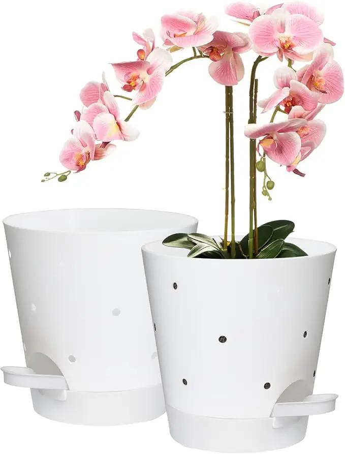 Orchid Pots with Holes, 6 Inch Self Watering Orchid Pot 2 Pack Plastic Plant Pots for Orchid, Flower (White) by GreenHaven Gardens
