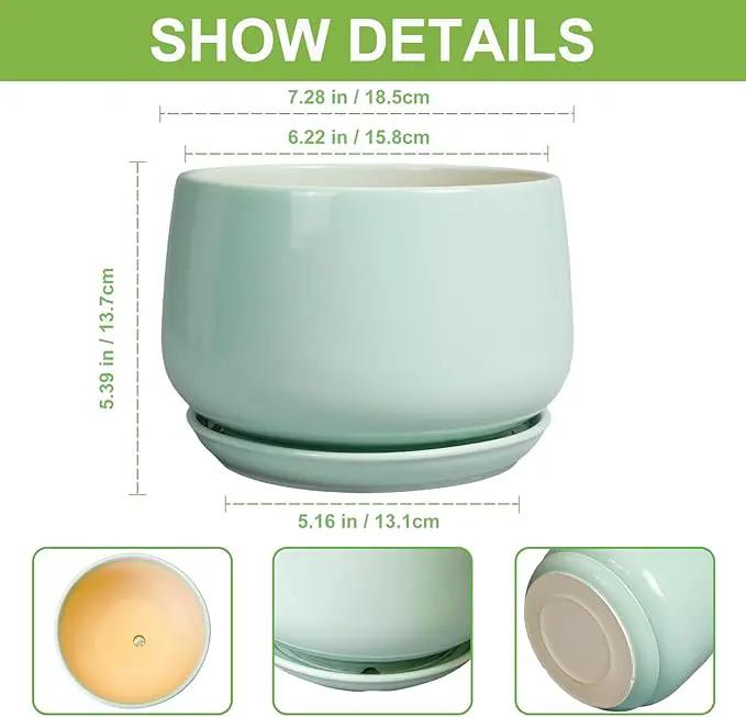 G EPGardening Ceramic Plant Pots - 7 Inch Planter for Indoor Outdoor Plants, Ceramic Planter with Drainage and Saucer, Round Modern Flower Pots, House Decor, Gift for Men Women, Green by GreenHaven Gardens