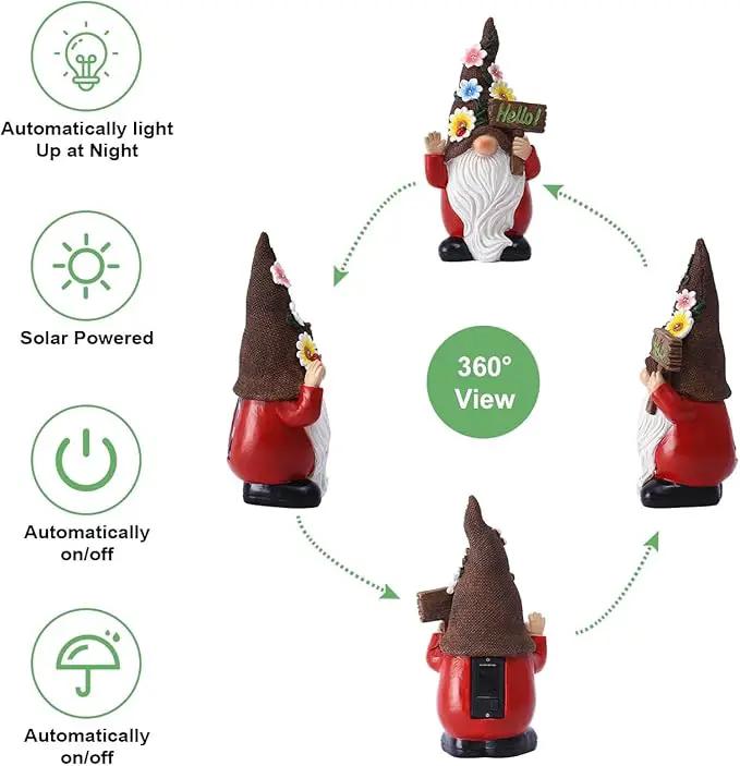 Solar Gnome Garden Statue for Decor: Outdoor Figurines Sculpture with Lights and Hello Sign for Lawn Patio Yard Balcony - for Mother Women by GreenHaven Gardens