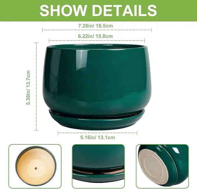 G EPGardening Ceramic Planter for Indoor Plants - 7 Inch Plant Pot, Round Planter with Drainage and Saucer, Round Flower Pots for Outdoor, Modern Desk Decor, Gift for Women Men, Green by GreenHaven Gardens