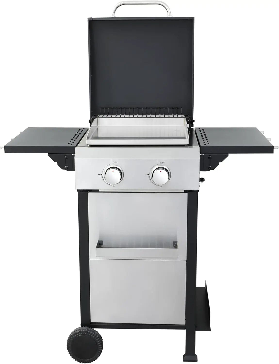 2-Burner Propane Gas BBQ Grill with SS Plancha, 24,600 BTU Output, Wire Enamel Cooking Grids, Foldable Side Table and Hanging Basket, Compact Stainless Steel Grill by GreenHaven Gardens