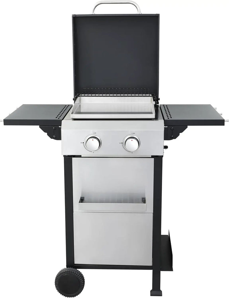 2-Burner Propane Gas BBQ Grill with SS Plancha, 24,600 BTU Output, Wire Enamel Cooking Grids, Foldable Side Table and Hanging Basket, Compact Stainless Steel Grill by GreenHaven Gardens