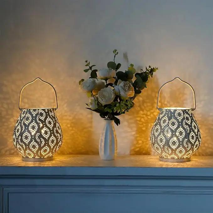 TRIROCKS Set of 2 Moroccan Decorative Lamps 8'' High Battery Powered Cordless Lamp Metal Table Lamps with Fairy Lights Bulb for Home Living Room Garden Yard Party Events Tabletop Indoor Outdoor(White) by GreenHaven Gardens