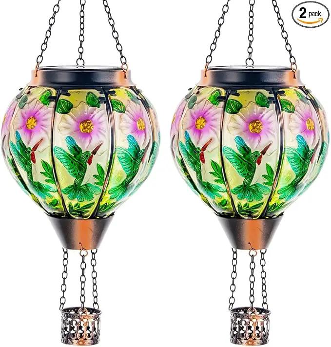 DREAMSOUL 2PCS Hummingbird Hot Air Balloon Solar Lantern, Hanging Glass Solar Lanterns Outdoor Waterproof for Garden Tree by GreenHaven Gardens
