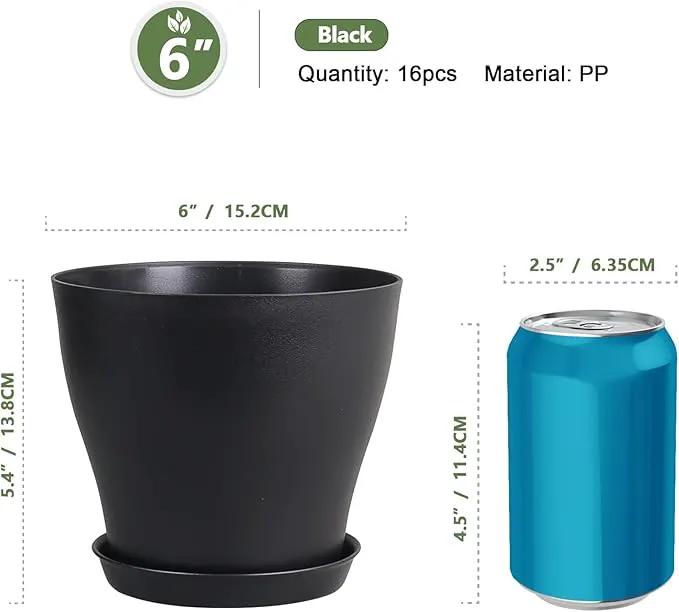 6 inch Plastic Nursery Pots, 16 Pack Plant Pots for Small Indoor Outdoor Plants, Flower Pots with Drainage Holes and Saucers, Decorative Seedling Starter Planters for House Plants, Black by GreenHaven Gardens