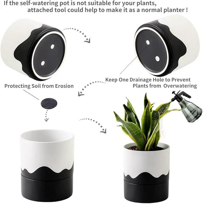 Nihow Self Watering Plant Pot: 6 Inch Ceramic Planter with Drainage Hole & Water Storage Plus for Indoor & Outdoor Plants - Cylinder Round Flower Pot for Succulent/Herbs/Violets - White & Wave Black by GreenHaven Gardens