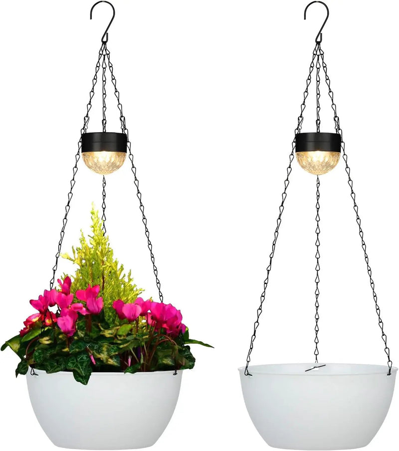 2 Packs Solar Hanging Basket Planters for Plants Outdoor, Self Watering White Flower Plants Pots with Solar Light Drainer for Balcony Patio Garden Outdoor Decoration by GreenHaven Gardens