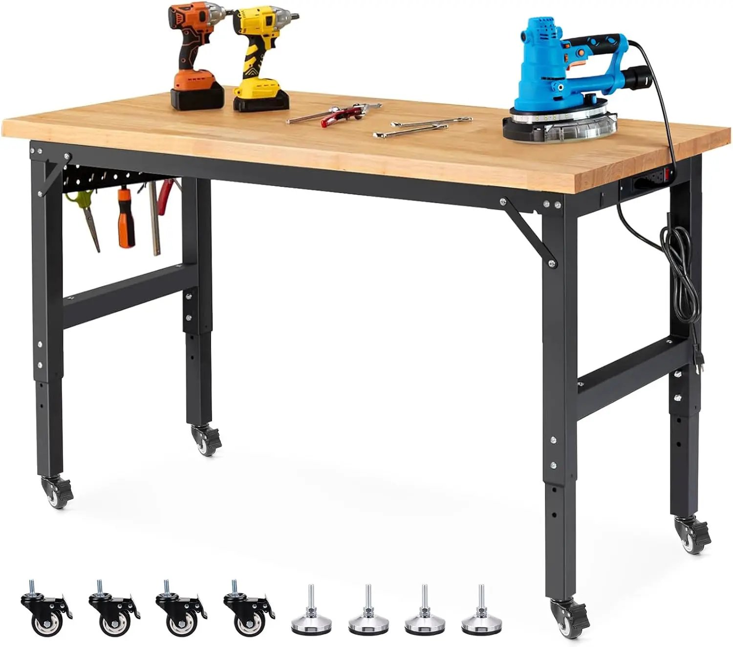 Workbench with Wheels 60 Inch Rubberwood Tabletop Garage Workbench Adjustable Height Work Bench with Pegboard, Power Outlets for Woodworking, Home, Office, Workshop by GreenHaven Gardens