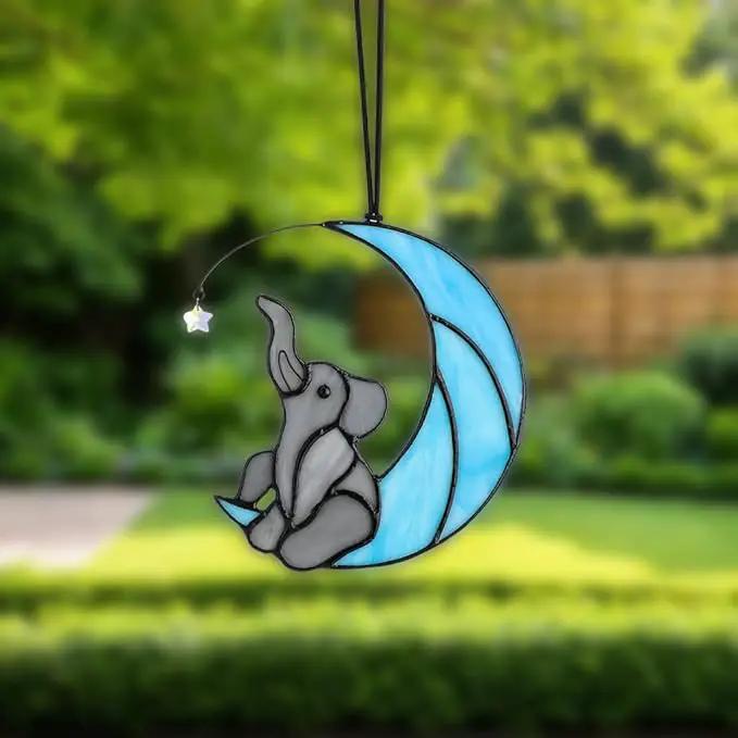 HDCRYSTALGIFTS Glass Elephant Ornament Stained Glass Window Hanging Decor, Modern Design Elephant on Moon with Star Collectibles Handcrafted Sun Catcher Gifts for Birthday Women by GreenHaven Gardens