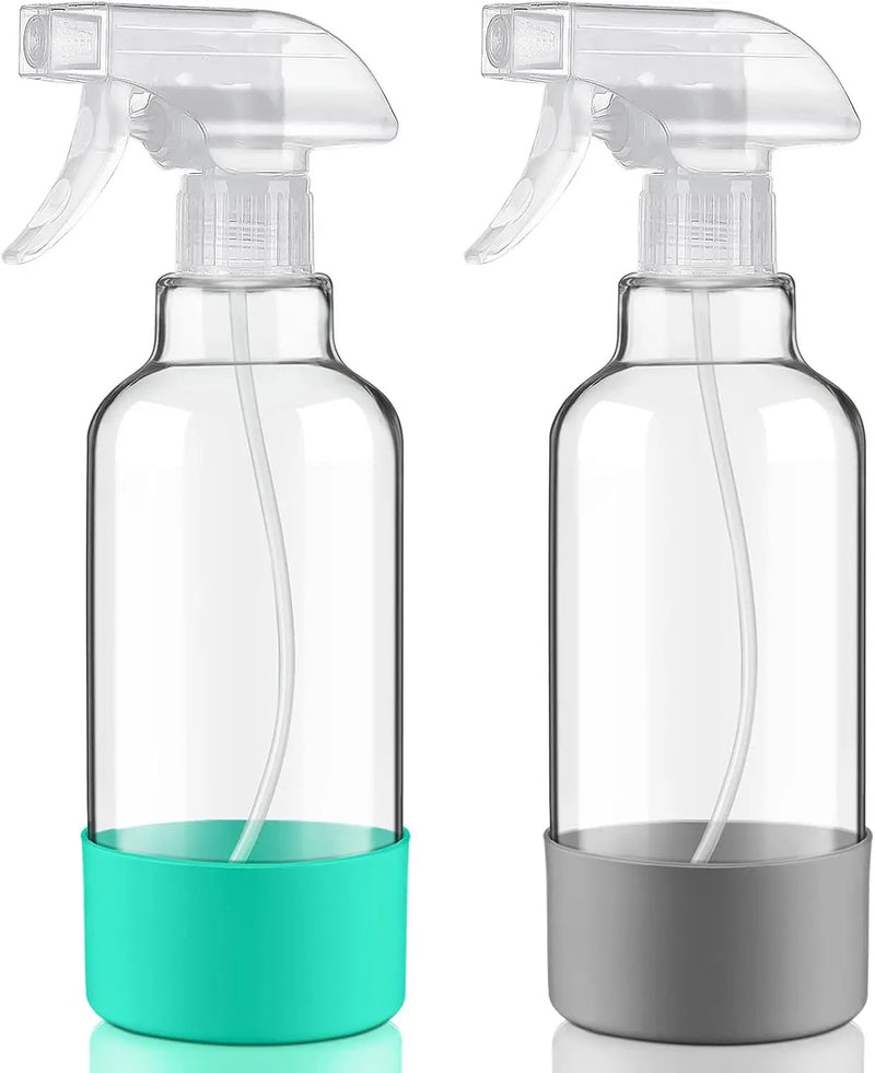 Glass Spray Bottles with Silicone Sleeve 16.9oz 2 Pack Empty Spray Bottle for Hair Mist/Stream Spraying for Cleaning Solutions, Plants, Essential Oils (clear-green&grey) by GreenHaven Gardens