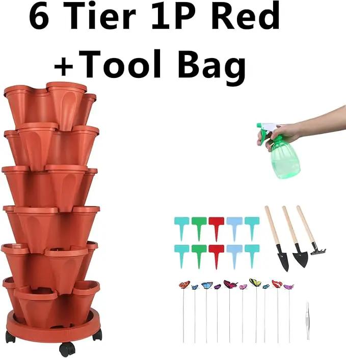Vertical Planter, 6 Tier Stackable Strawberry Planter with Garden Tool Set, Movable Indoor/Outdoor Garden Herb Pot for Growing Vegetables and Succulents, Red by GreenHaven Gardens