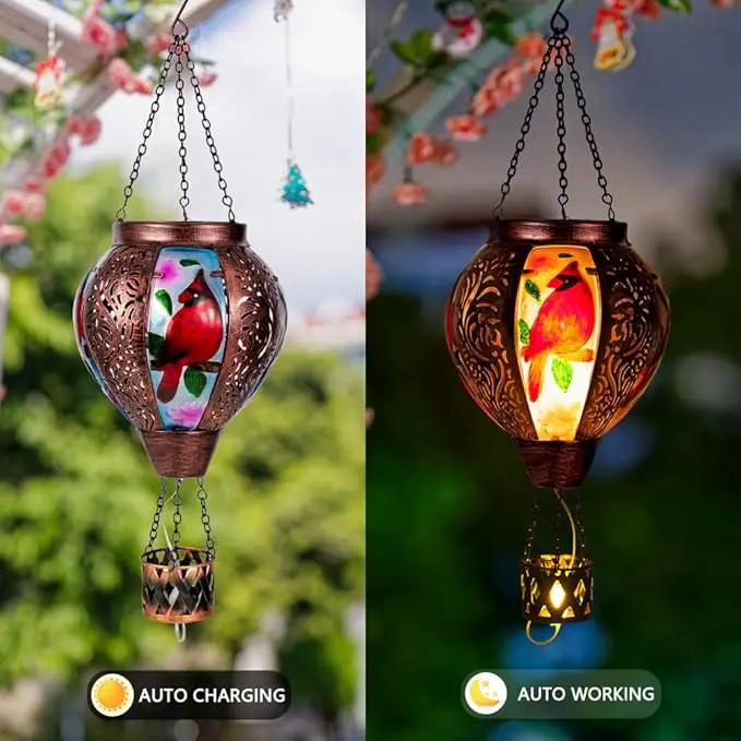 Cardinal Solar Hot Air Balloon Lantern with Flickering Flame Hanging Solar Lanterns Outdoor Waterproof,Metal Hot Air Balloon Lights for Patio Yard Party Garden Decor,Cardinal Gifts for Women by GreenHaven Gardens