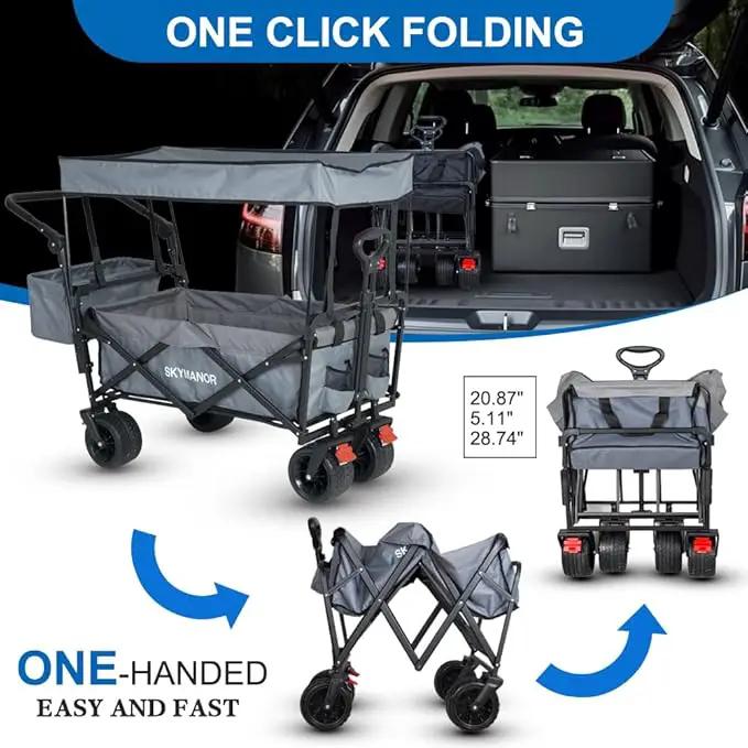 SKYMANOR Collapsible Wagon with Removable Canopy, 3-in-1 Heavy Duty Garden Cart with Big All-Terrain Wheels, Brakes, Adjustable Push Pull Handle, Cooler Bag, 300LBS Wagon Cart for Camping (Grey) by GreenHaven Gardens