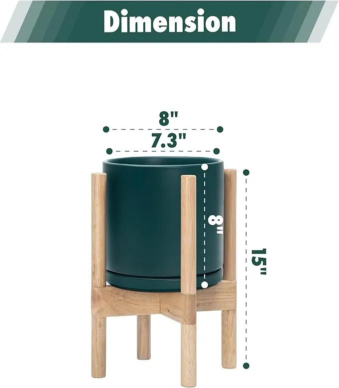 D'vine Dev Ceramic Planter with Natural Stand - 8 Inch Modern Round Flower Pot with Wood Planter Holder, Teal, 55-B-N-4 by GreenHaven Gardens