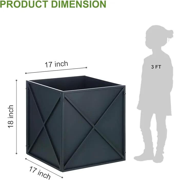BAYN Metal Square Planter Box Tall Planters for Outdoor Plants Modern Heavy Duty with Drainage Holes for Outside Indoor Patio Deck - Grey, 17”x 17”x 18” by GreenHaven Gardens