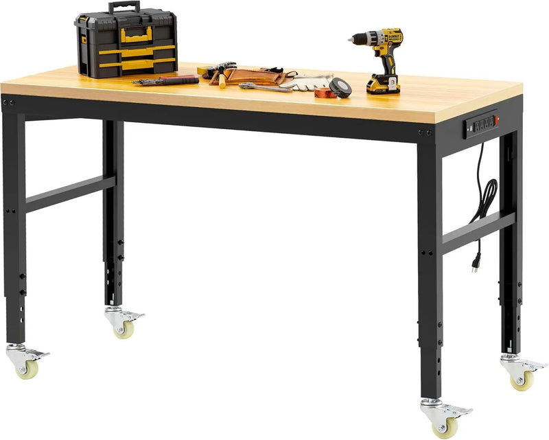 60” Adjustable Workbench，Heavy Duty Wood Work Bench 2000 Lbs Load Capacity,Work Table with Power Outlet and Wheels for Garage, Workshop, Office, Home by GreenHaven Gardens