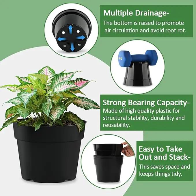 15 Pack 4/6/8 Inch Plant Nursery Pots, Thickened Plastic Pots for Plants with Drainage Holes, Sturdy Seedling Pots, Seed Starting Pots, Flower Pots for Indoor Outdoor Plants, Black by GreenHaven Gardens