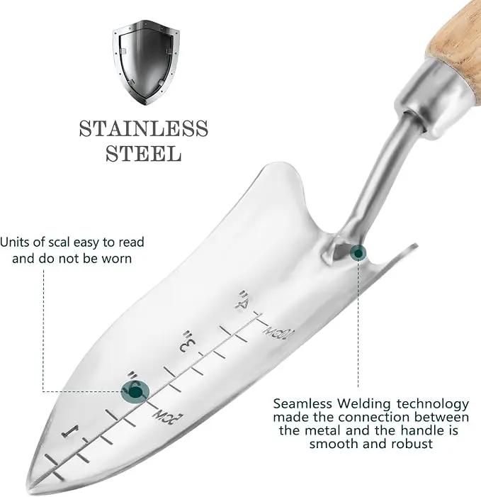 Berry&Bird Transplant Trowel with Measurements, Garden Stainless Steel Potting Hand Trowel with Wooden Handle, Small Garden Hand Shovel Transplanter Tool for Planting Digging Transplanting Gardening by GreenHaven Gardens