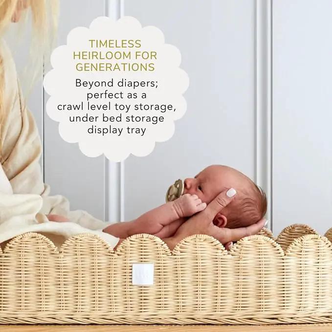Bebe Bask Premium Baby Changing Basket - Artisan-Crafted Scalloped Rattan - Changing Basket for Baby Dresser - All Accessories Included - Complete Set for Nursery (Natural) by GreenHaven Gardens