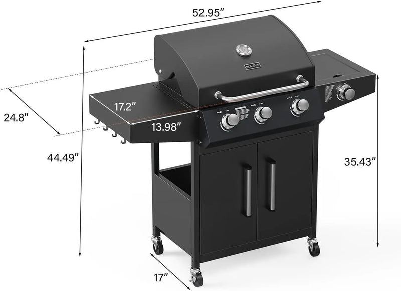 ROVSUN 3-Burner Propane Gas BBQ Grill with Side Burner & Enameled Cast Iron Grates, 46,000 BTU Barbecue Grill with Wheels for Outdoor Patio Backyard Cooking Grilling, Black by GreenHaven Gardens