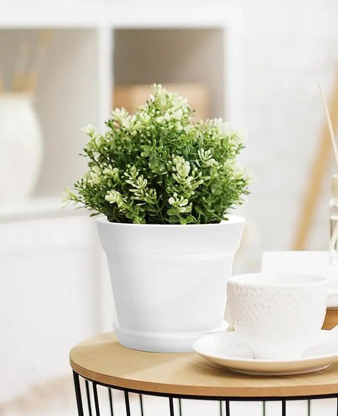 Homenote Pots for Plants, 8 Pcs 7.5 Inch Plastic Planters with Multiple Drainage Holes and Tray - Plant Pots for All Home Garden Flowers Succulents, Cream White
