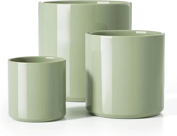 LE TAUCI Ceramic Plant Pots Indoor, 10+8+6 Inch Planters for Indoor Plants, Mid-Century Modern Pots with Drainage Hole and Plug, Cylinder Round Planters, Set of 3, Sage Green by GreenHaven Gardens