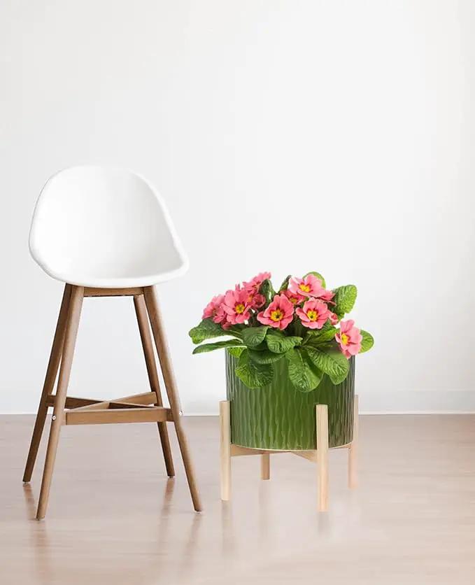 LaDoVita Ceramic Plant Pot with Stand, 10 Inch Planter with Wood Shelf, Modern Round Flower Pots Indoor with Wood Planter Holder, Dark Green Water Ripple Pattern by GreenHaven Gardens