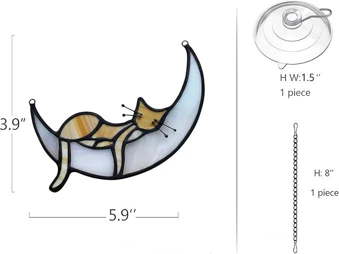 BOXCASA Sleeping Cat Stained Glass Windown Hanging,Yellow Cat on Moon Beautiful Handcrafted Sun Catcher Gifts for Daughter,Mothers Day,Christmas and Cat Lover by GreenHaven Gardens