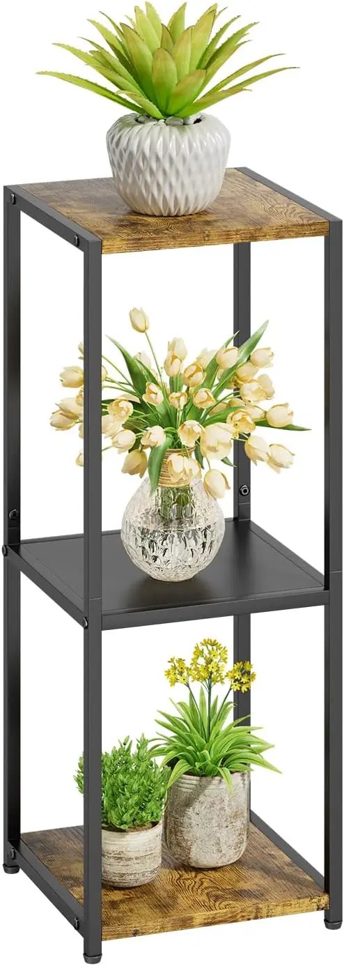 KMOTASUO 3 Tier Tall Plant Stands Indoor, 31 Inch Metal Wood Corner Plant Stand for Indoor Plants, Square Flower Pot Holder Shelf Display Rack for Balcony Garden Patio Living Room(Rustic Brown)