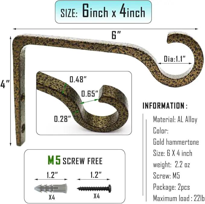 Hanging Plant Bracket 6inch Metal Plant Hook Shepherds Hook Decorative Wall Plant Hanger for Hanging Lanterns, Bird Feeder, Flower Basket, Home Decor Indoor & Outdoor (2, Gold Hammertone) by GreenHaven Gardens