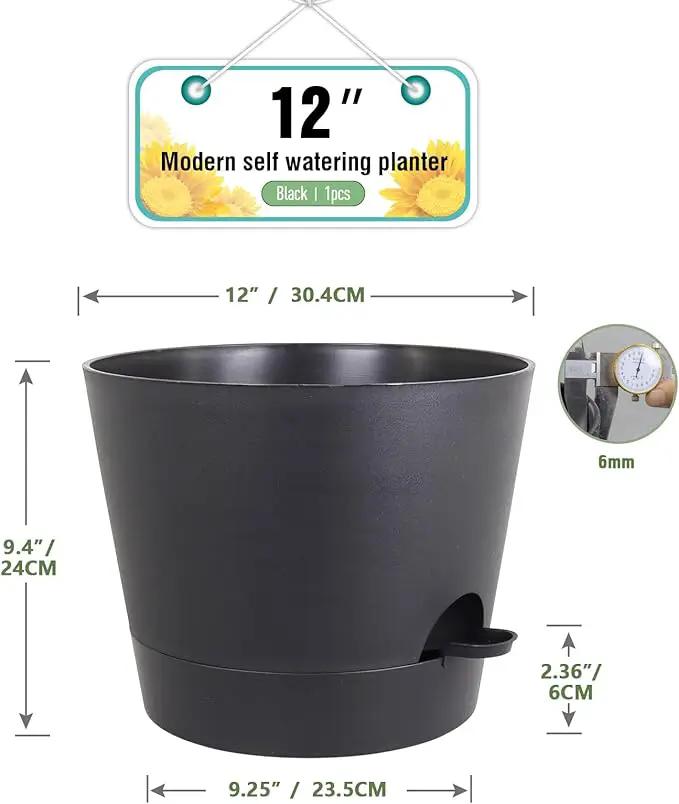 12 inch Large Self Watering Pots for Indoor Outdoor Plants, Flower Plant Pots with Mesh Drainage Holes for Garden House Plants, Plastic Planters with Reservoir for Home Decor, Black by GreenHaven Gardens